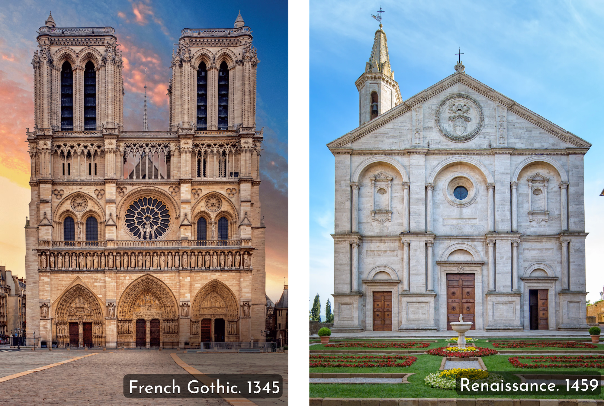 Notre Dame, in Paris, and the Cathedral of Pienza by its side