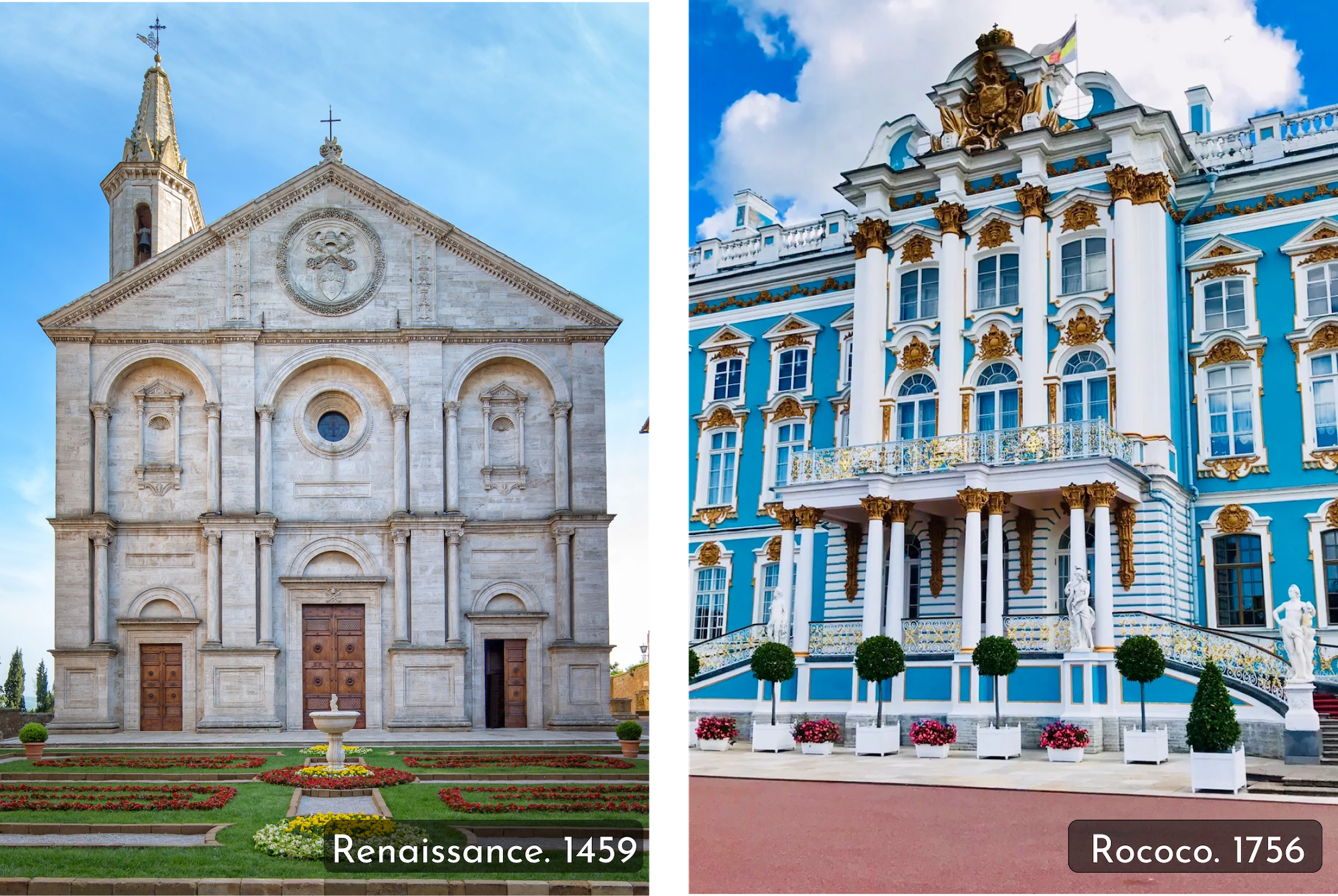 Cathedral of Pienza compared to Catherine Palace, in Tsarskoe Selo